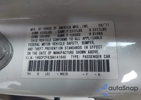 2011 Honda Accord 2.4 Se из США, поврежденный, VIN 1HGCP2F62BA141649